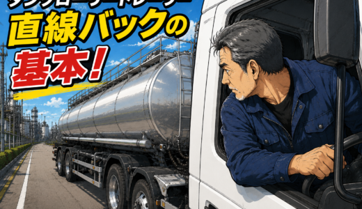 タンクローリートレーラー直線バックの基本！〜ヘッド最後輪とタンクのサイドバンパーを揃えれば真っ直ぐに